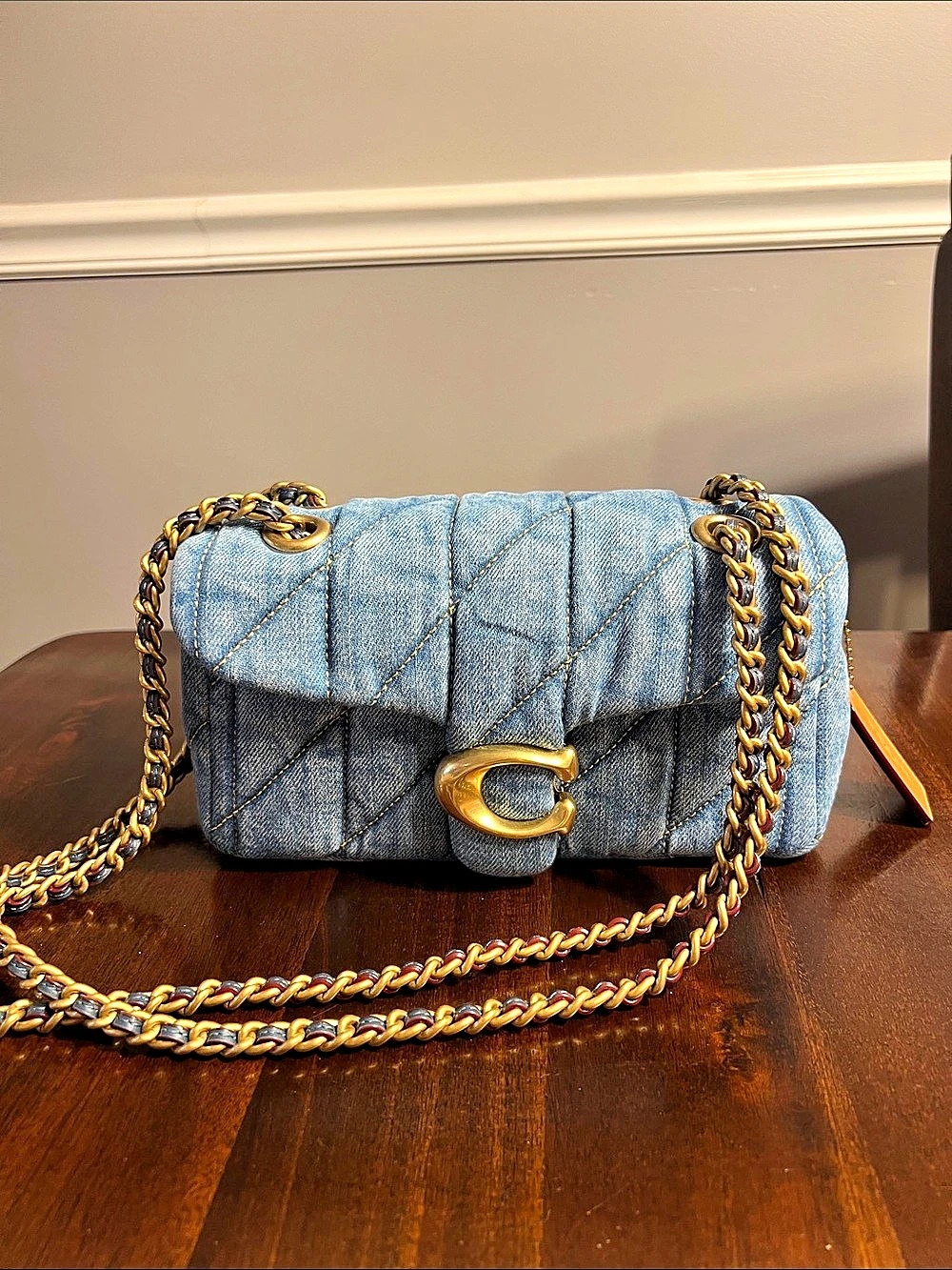 Coach Tabby Shoulder Bag 26 with Quilting Quilted Denim Blue & Gold